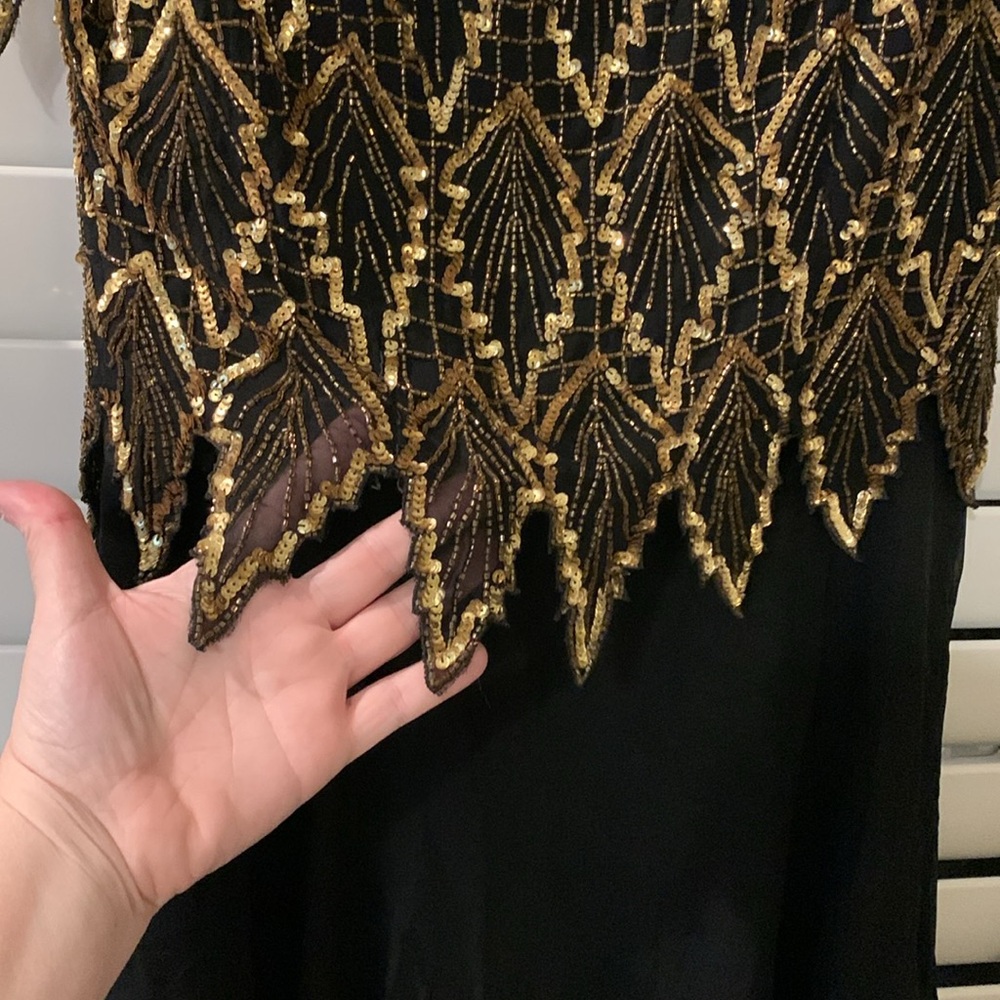 Laurence Kazar Leaf Black Gold Sequin Silk Vintage Cocktail Dress Size XL - Picture 7 of 17